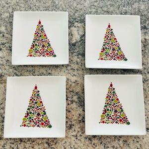 Crate & Barrel Christmas Tree Appetizer Plates 6" 2011 Holiday Snack Set Of 4